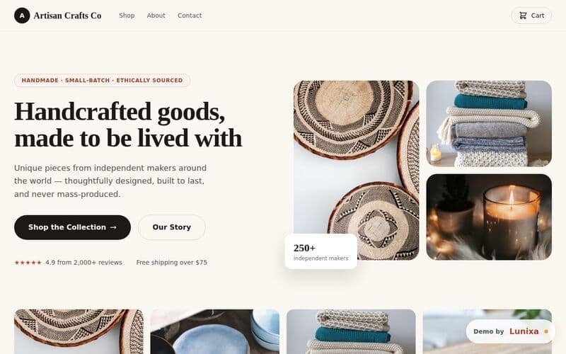 Screenshot of the Artisan Crafts Co demo site
