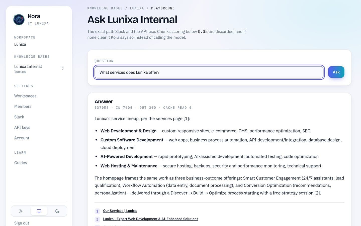 Kora answering a question about Lunixa services, with numbered source links listed under the answer