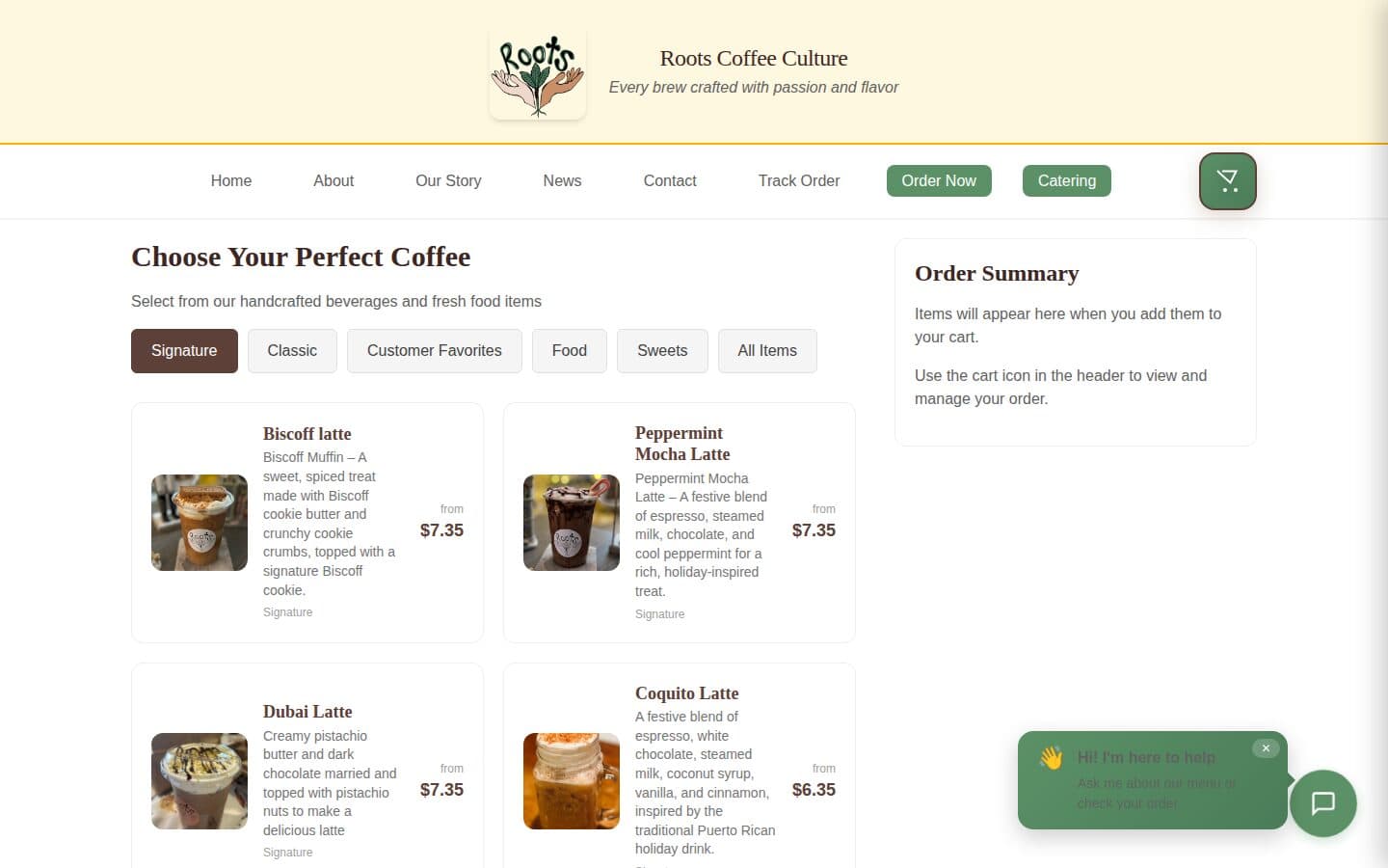 The Roots ordering screen showing menu categories, drink cards with prices, and a live order summary