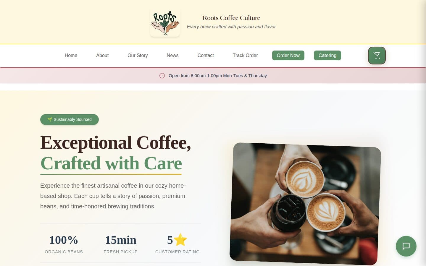 Home page of the Roots Coffee Culture site, with the ordering and catering buttons in the header